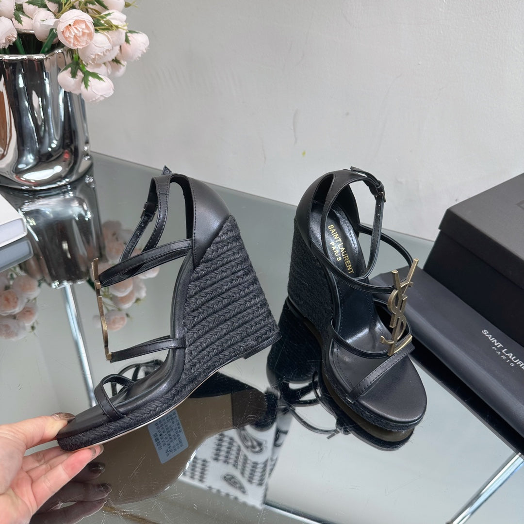 SL CASSANDRA WEDGE ESPADRILLES BLACK CALFSKIN - 35