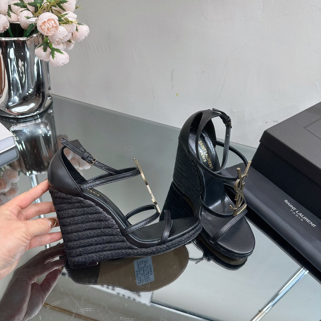 SL CASSANDRA WEDGE ESPADRILLES BLACK CALFSKIN - 35