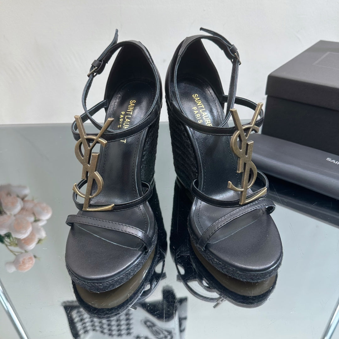 SL CASSANDRA WEDGE ESPADRILLES BLACK CALFSKIN - 35