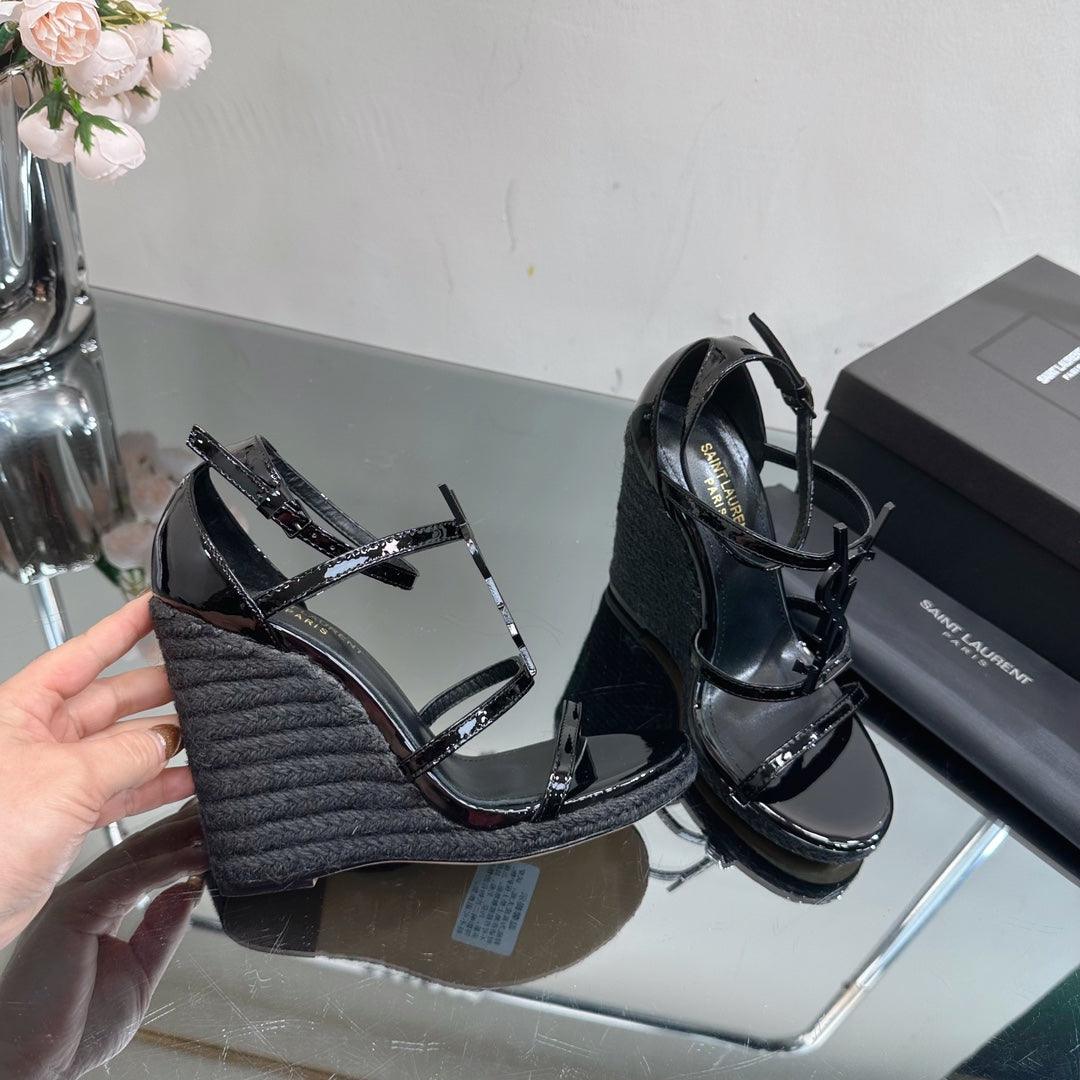 SL CASSANDRA WEDGE ESPADRILLES BLACK POLISHED CALFSKIN - 35