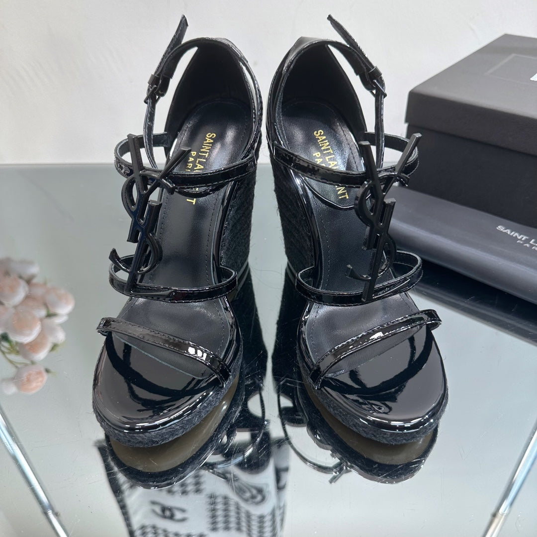 SL CASSANDRA WEDGE ESPADRILLES BLACK POLISHED CALFSKIN - 35