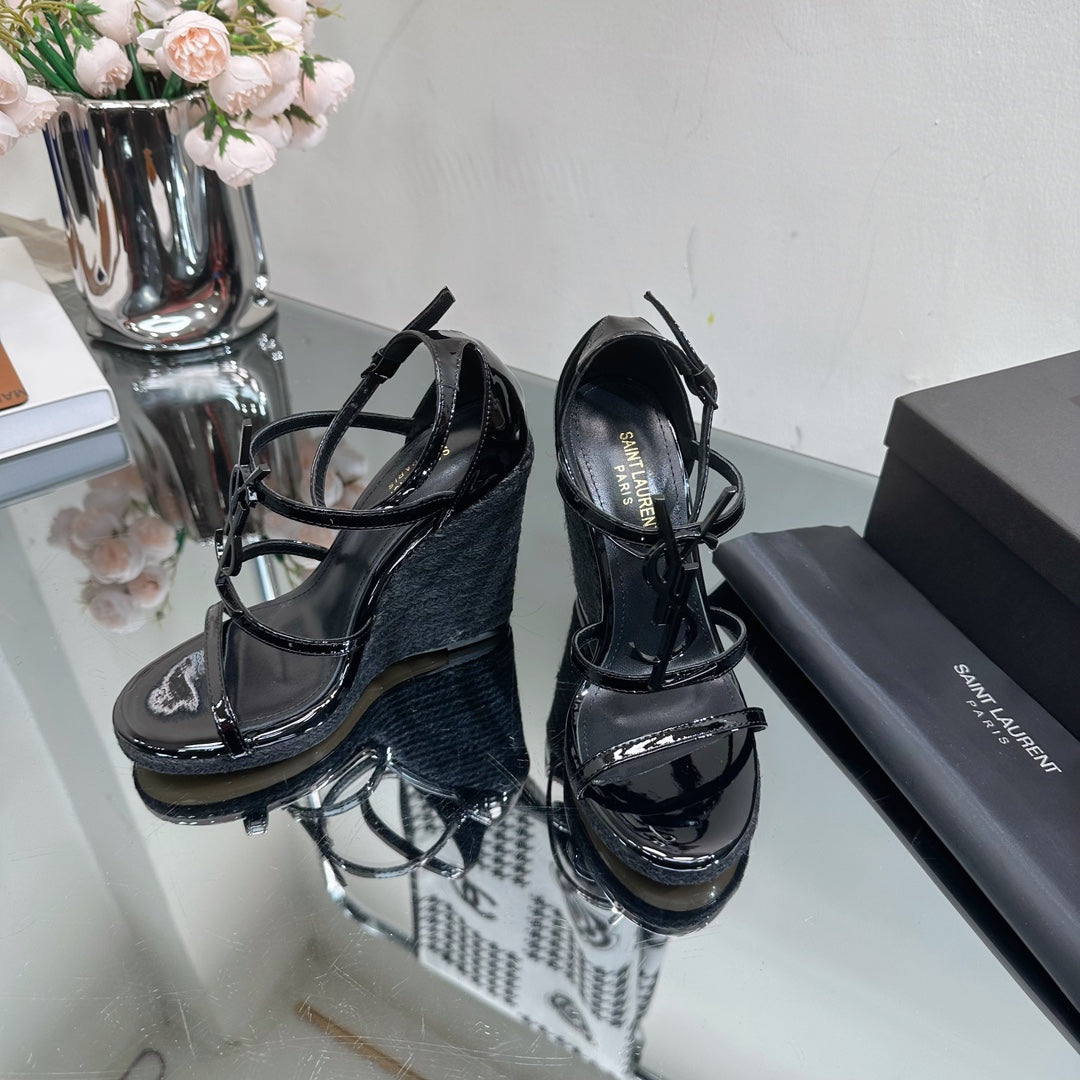 SL CASSANDRA WEDGE ESPADRILLES BLACK POLISHED CALFSKIN - 35