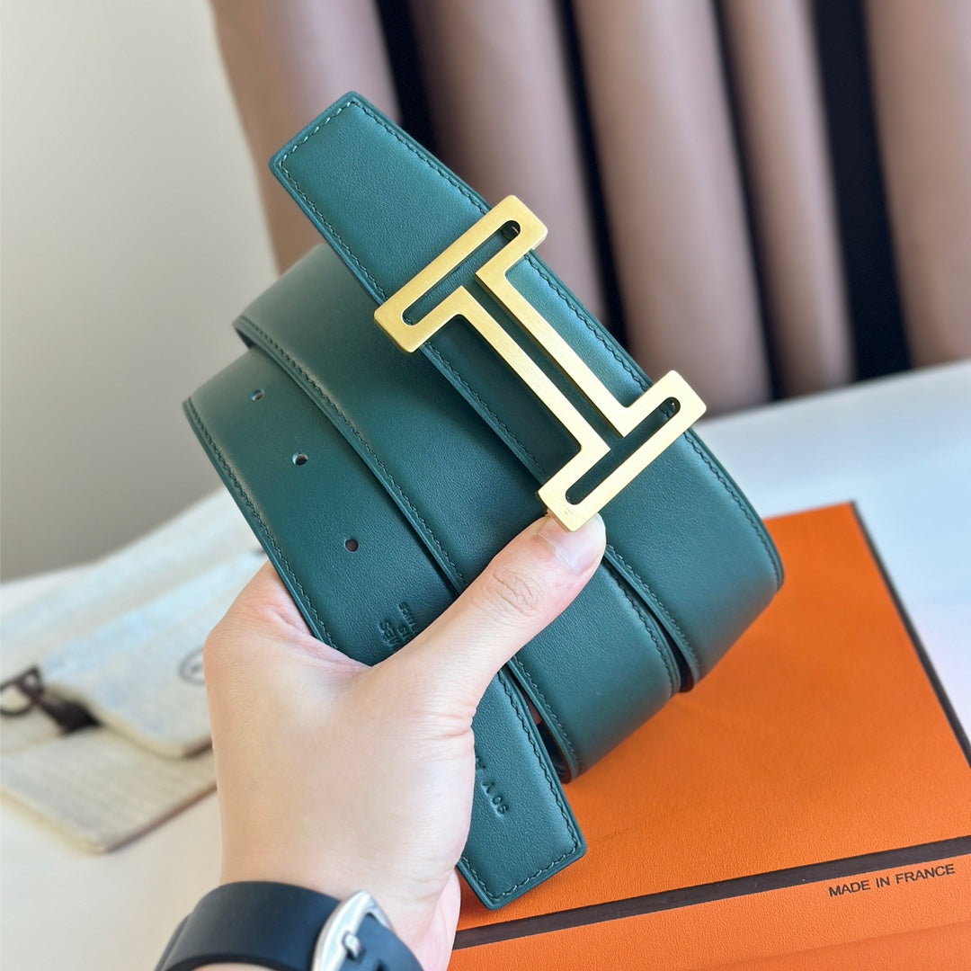 HM  BELT BUCKLE & REVERSIBLE TEAL GREEN AND BLACK LEATHER STRAP 38MM GOLD HARDWARE - 30