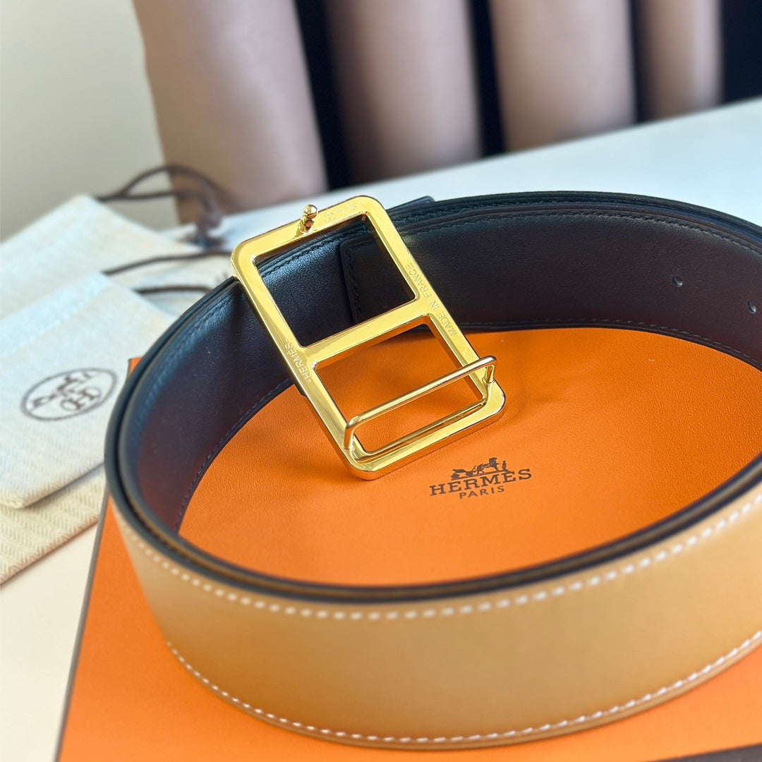 HM  BELT BUCKLE & REVERSIBLE ORANGE PASTEL AND BLACK LEATHER STRAP 38MM GOLD HARDWARE - 30