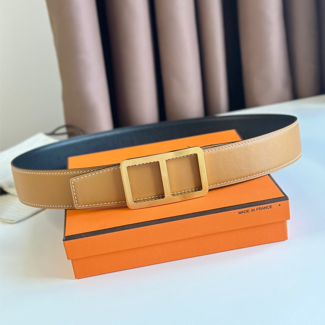 HM  BELT BUCKLE & REVERSIBLE ORANGE PASTEL AND BLACK LEATHER STRAP 38MM GOLD HARDWARE - 30