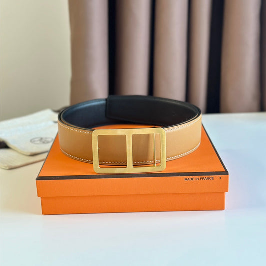 HM  BELT BUCKLE & REVERSIBLE ORANGE PASTEL AND BLACK LEATHER STRAP 38MM GOLD HARDWARE - 30