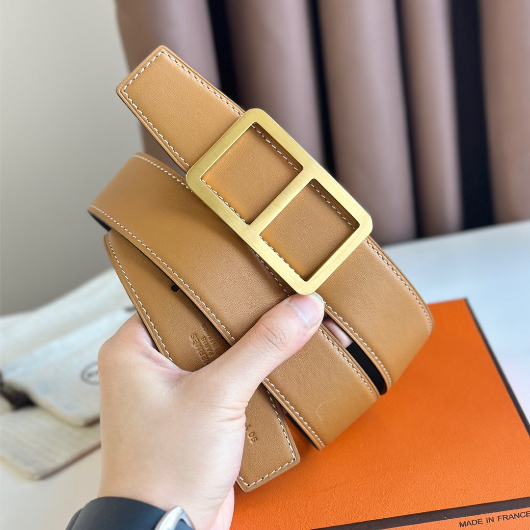 HM  BELT BUCKLE & REVERSIBLE ORANGE PASTEL AND BLACK LEATHER STRAP 38MM GOLD HARDWARE - 30