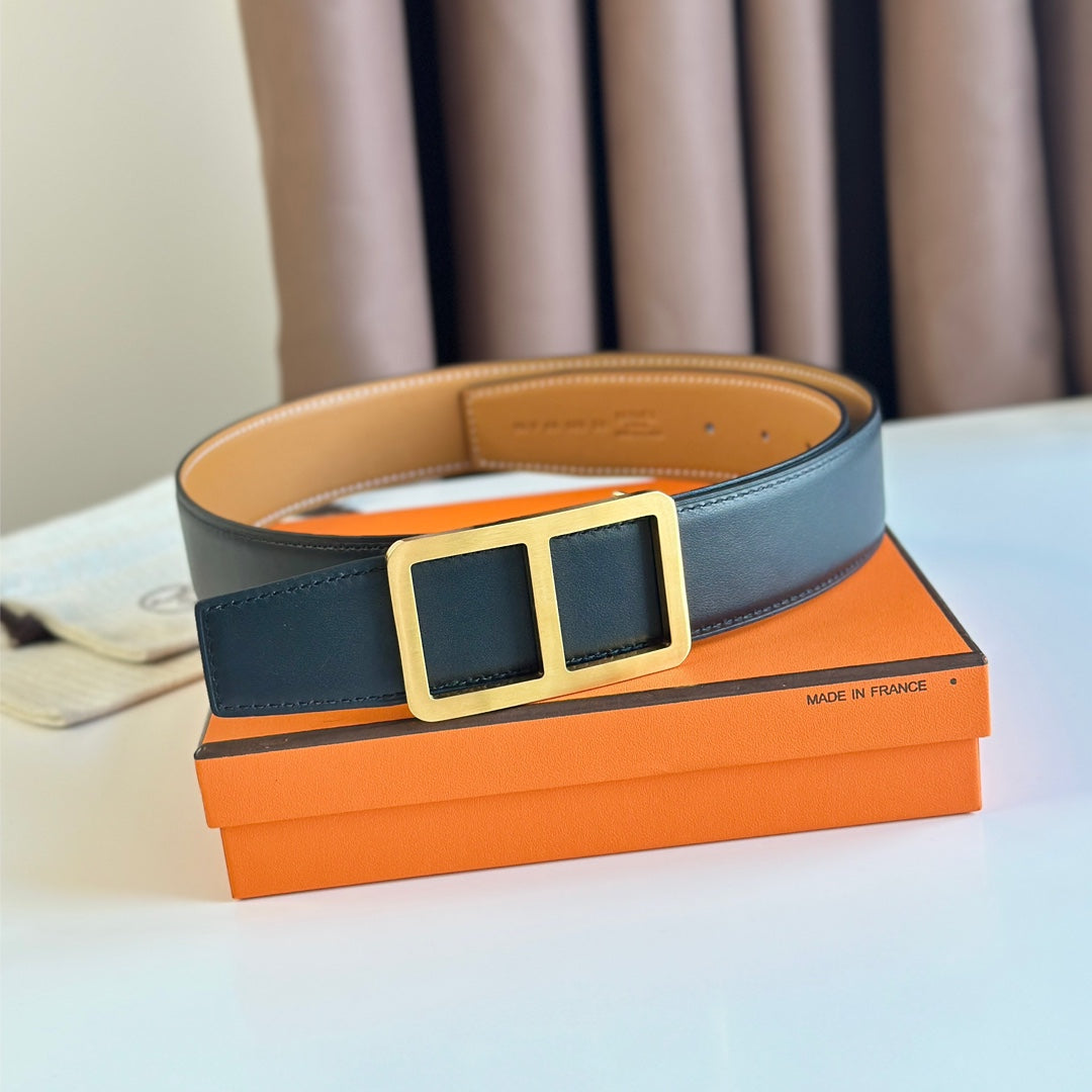 HM  BELT BUCKLE & REVERSIBLE ORANGE PASTEL AND BLACK LEATHER STRAP 38MM GOLD HARDWARE - 30