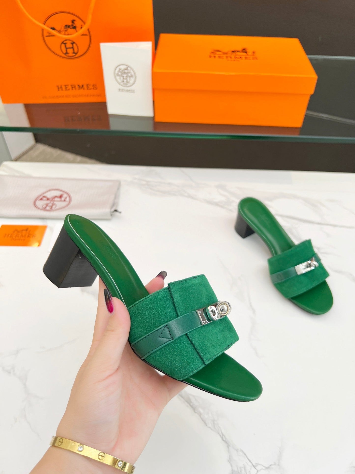 Gigi 50 Sandal Green Suede Green Calfskin - 35
