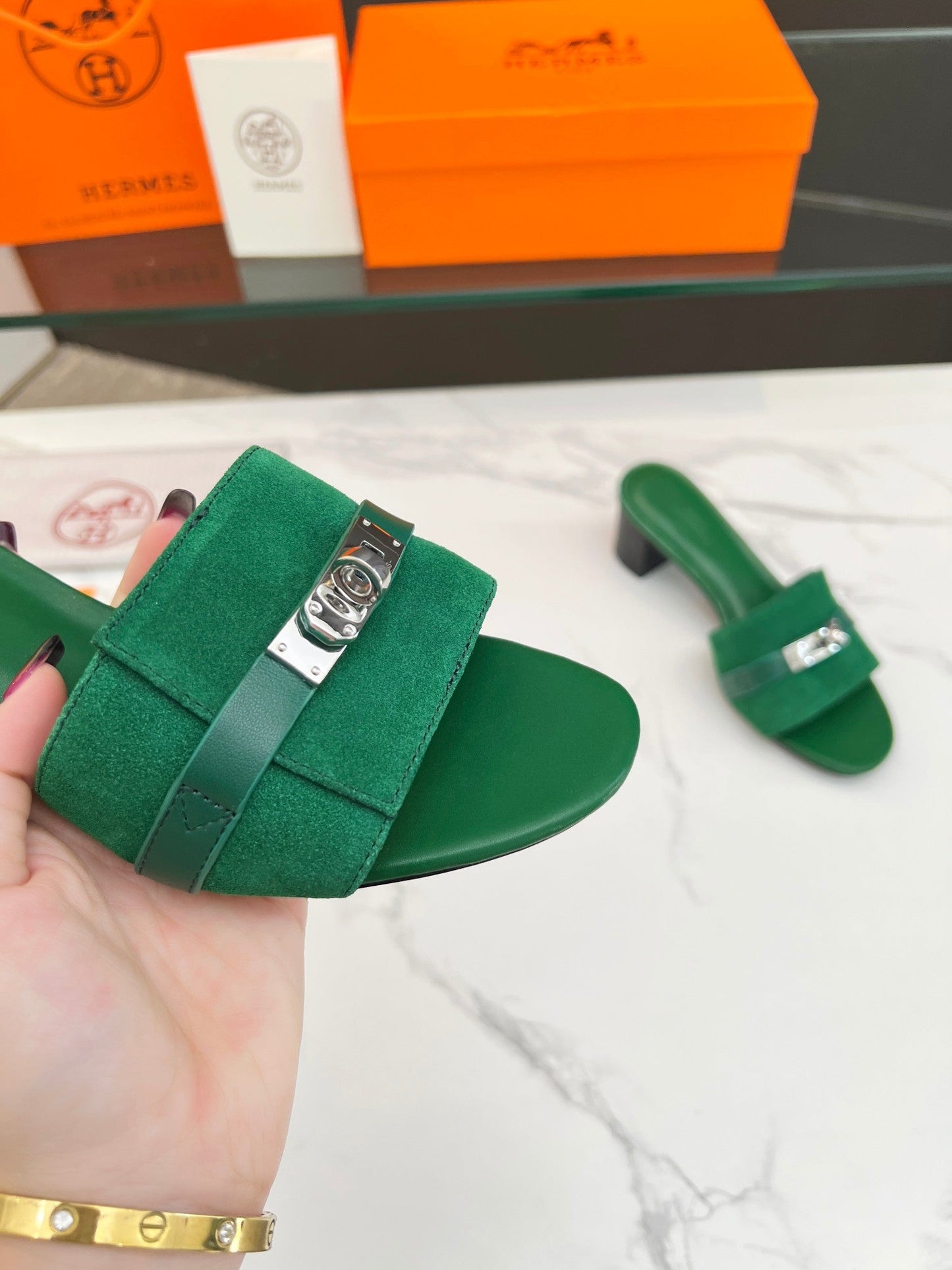 Gigi 50 Sandal Green Suede Green Calfskin - 35