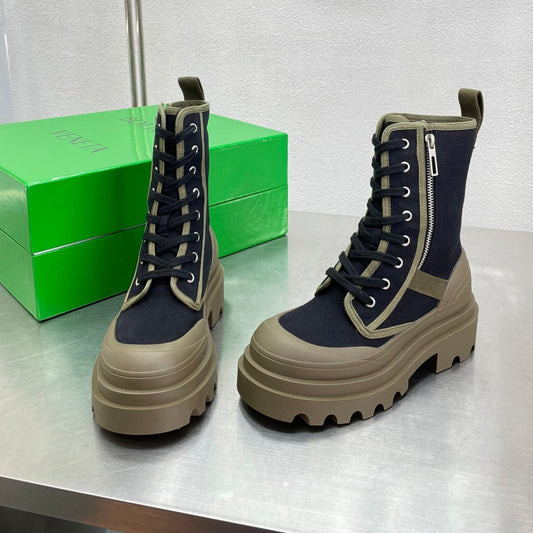RIBBON BOMBER LACE-UP BOOTS IN BLACK MIX OLIVE GREEN CANVAS - 35