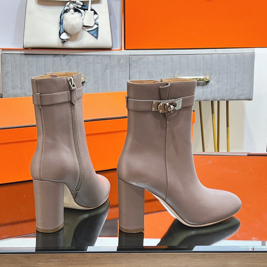 HM 25S SAINT GERMAIN ANKLE BOOTS 90 MM IN TAUPE BROWN LAMBSKIN WITH SILVER HARDWARE - 35