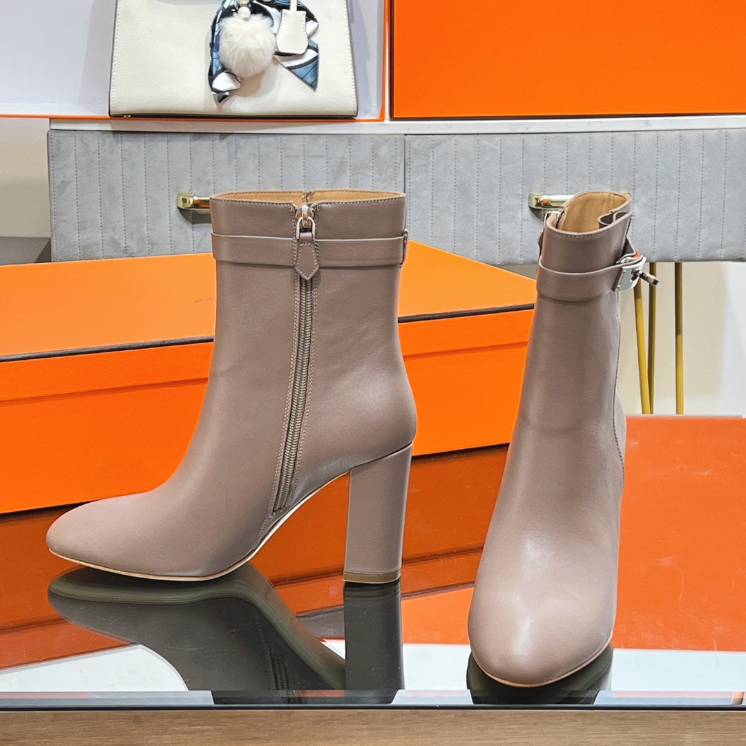 HM 25S SAINT GERMAIN ANKLE BOOTS 90 MM IN TAUPE BROWN LAMBSKIN WITH SILVER HARDWARE - 35