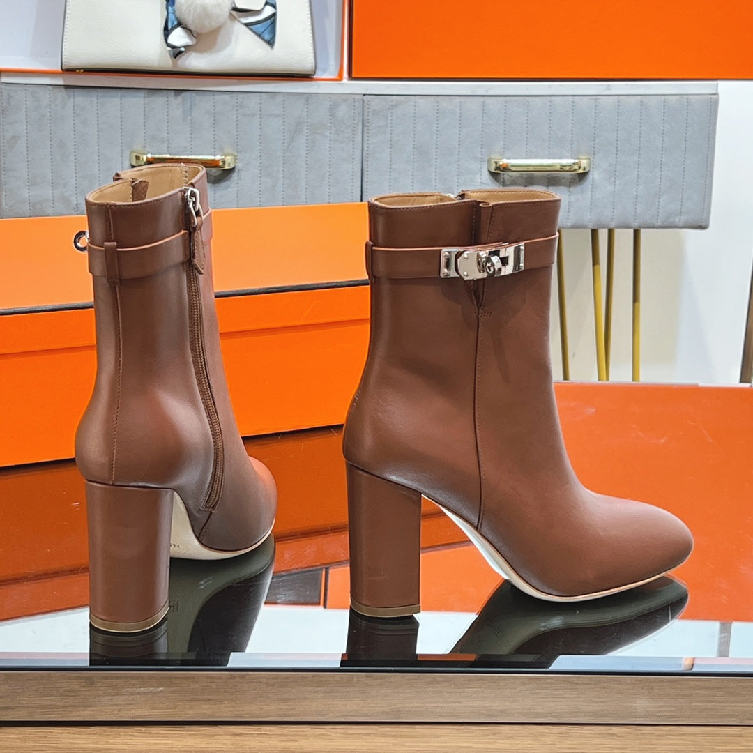 HM 25S SAINT GERMAIN ANKLE BOOTS 90 MM IN BROWN LAMBSKIN WITH SILVER HARDWARE - 35