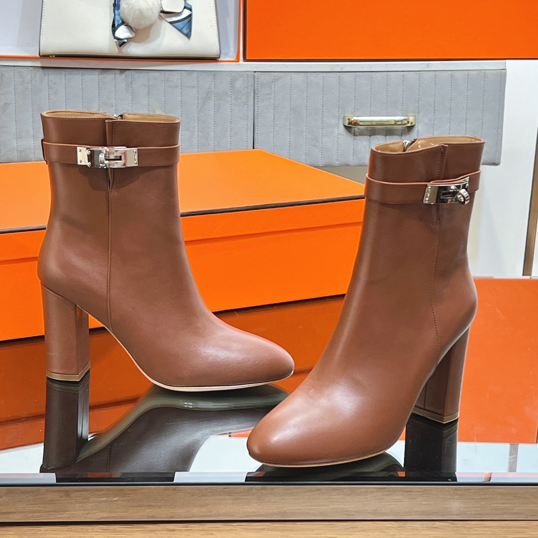 HM 25S SAINT GERMAIN ANKLE BOOTS 90 MM IN BROWN LAMBSKIN WITH SILVER HARDWARE - 35