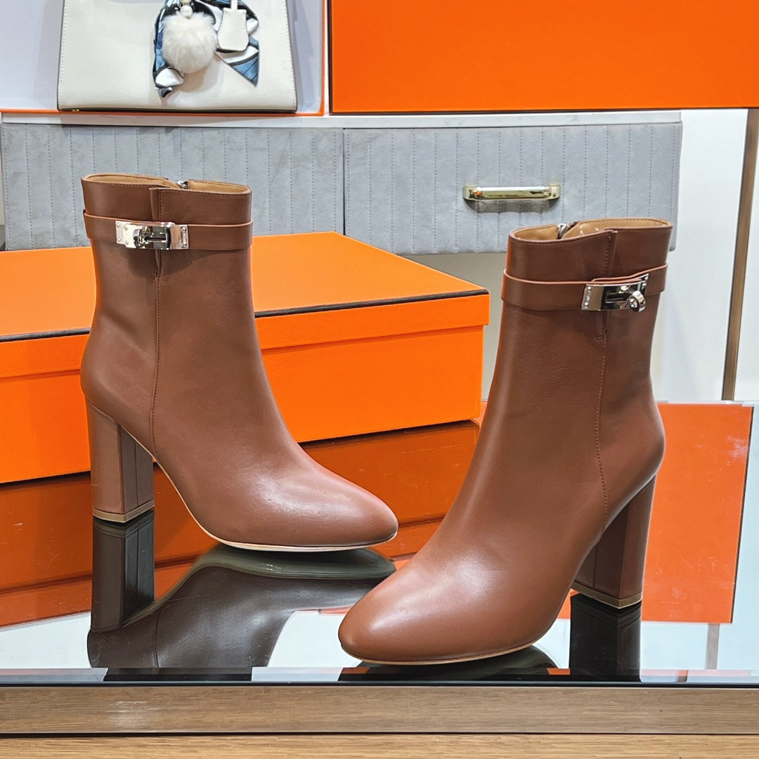 HM 25S SAINT GERMAIN ANKLE BOOTS 90 MM IN BROWN LAMBSKIN WITH SILVER HARDWARE - 35