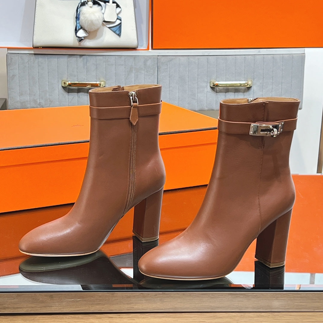 HM 25S SAINT GERMAIN ANKLE BOOTS 90 MM IN BROWN LAMBSKIN WITH SILVER HARDWARE - 35