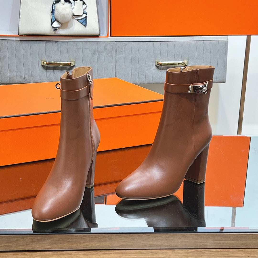 HM 25S SAINT GERMAIN ANKLE BOOTS 90 MM IN BROWN LAMBSKIN WITH SILVER HARDWARE - 35