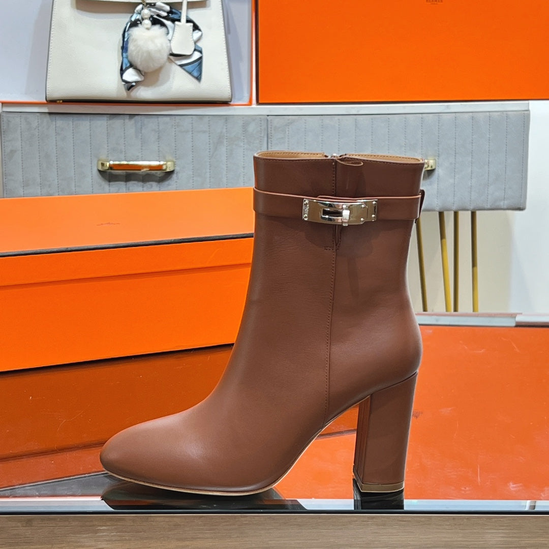 HM 25S SAINT GERMAIN ANKLE BOOTS 90 MM IN BROWN LAMBSKIN WITH SILVER HARDWARE - 35