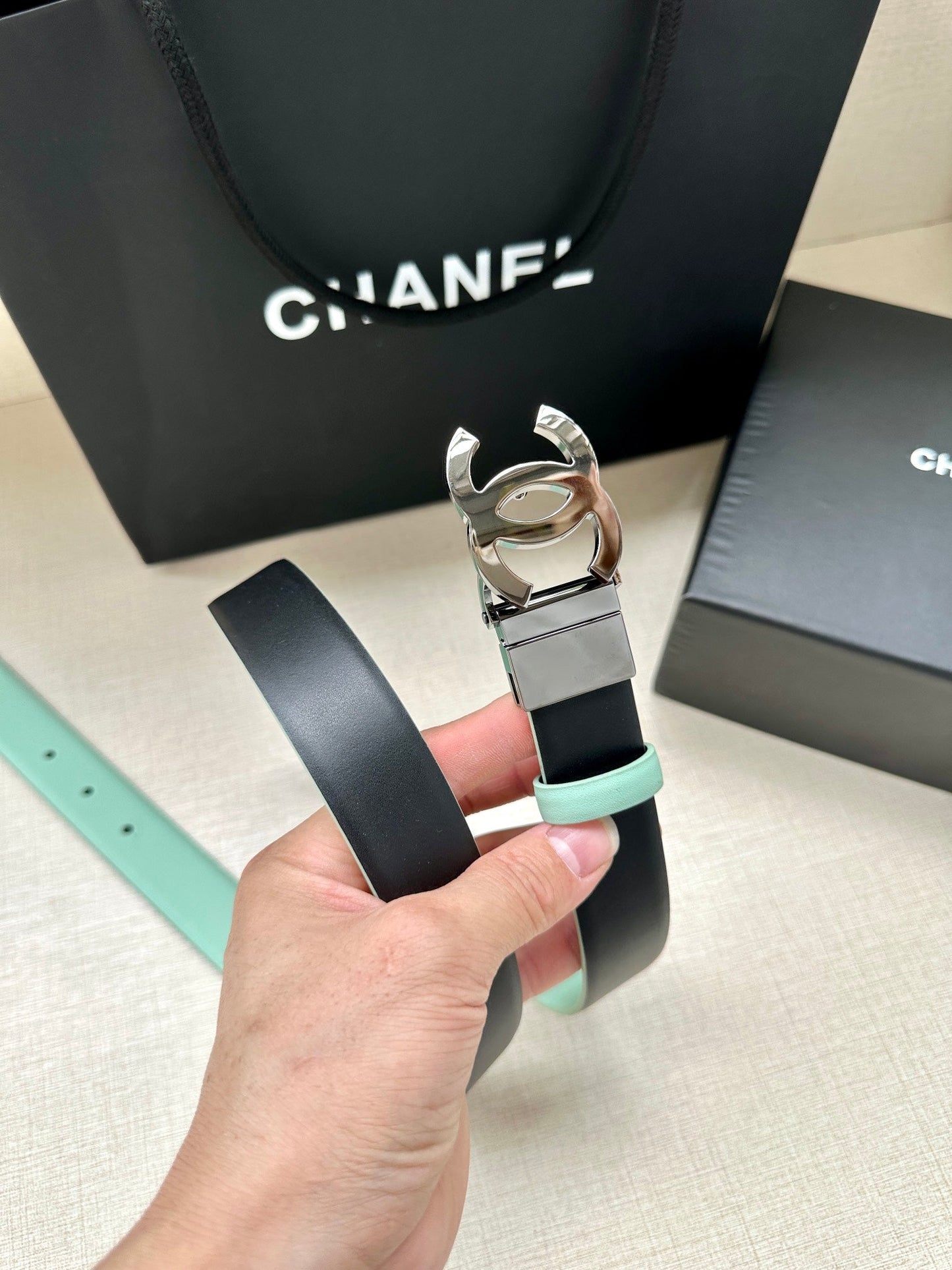 CC 30MM BELT IN GREEN MINT AND BLACK CALFSKIN WITH SILVER HARDWARE - 30