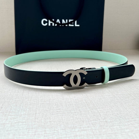 CC 30MM BELT IN GREEN MINT AND BLACK CALFSKIN WITH SILVER HARDWARE - 30
