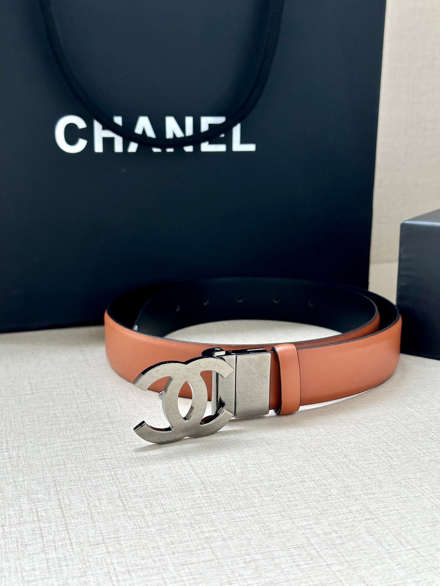 CC 30MM BELT IN BRONZE BROWN AND BLACK CALFSKIN WITH SILVER HARDWARE - 30