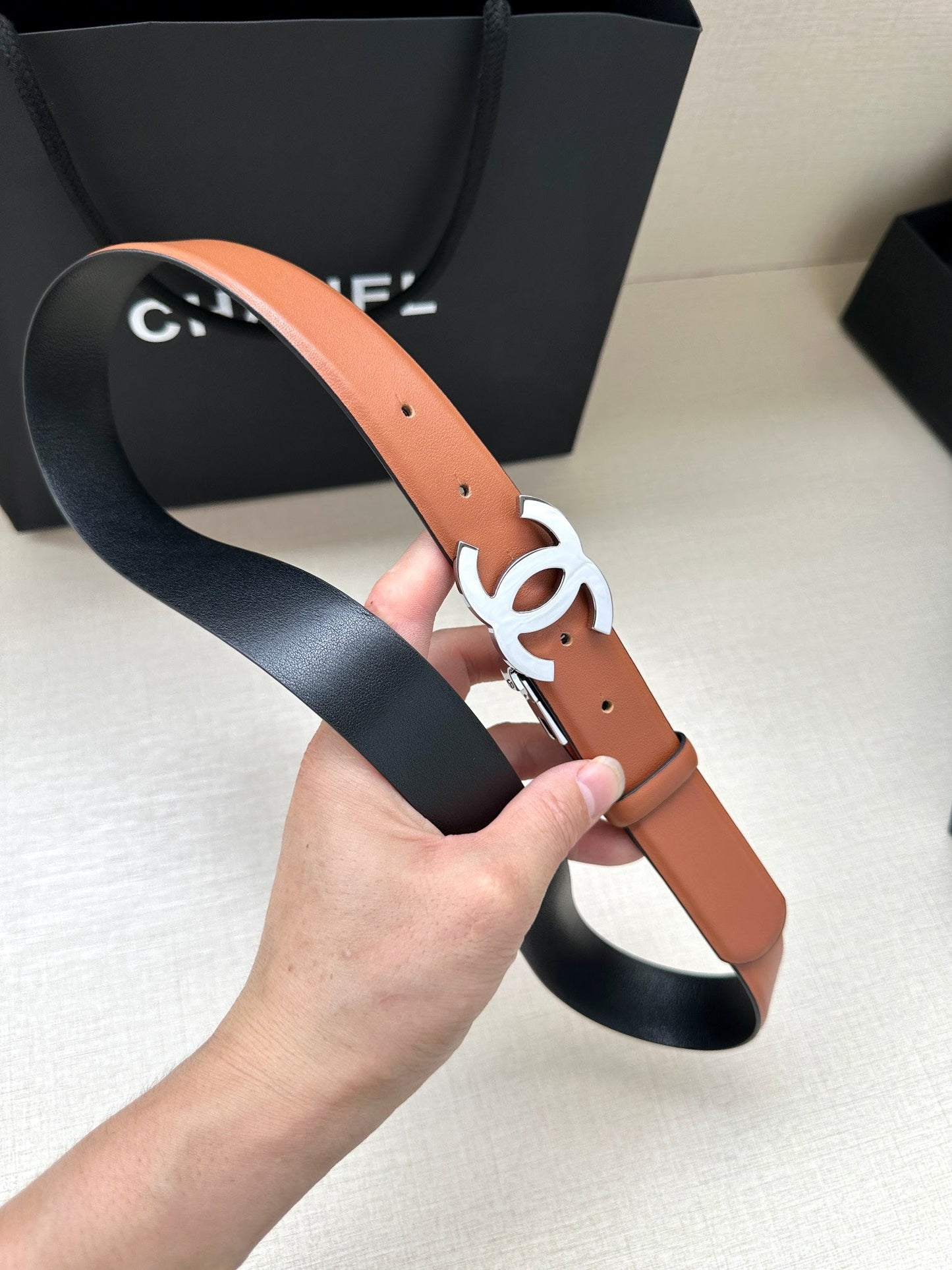 CC 30MM BELT IN BRONZE BROWN AND BLACK CALFSKIN WITH SILVER HARDWARE - 30