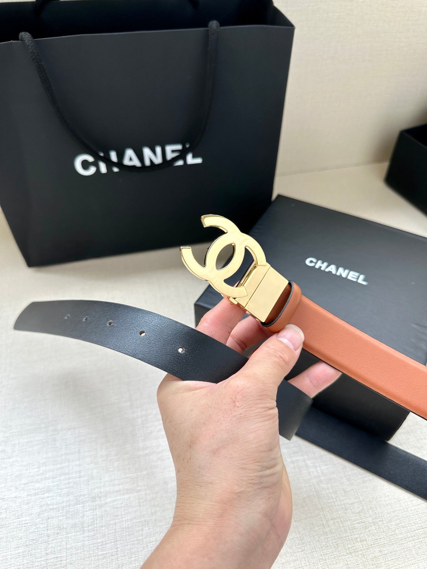 CC 30MM BELT IN BRONZE BROWN AND BLACK CALFSKIN WITH GOLD HARDWARE - 30