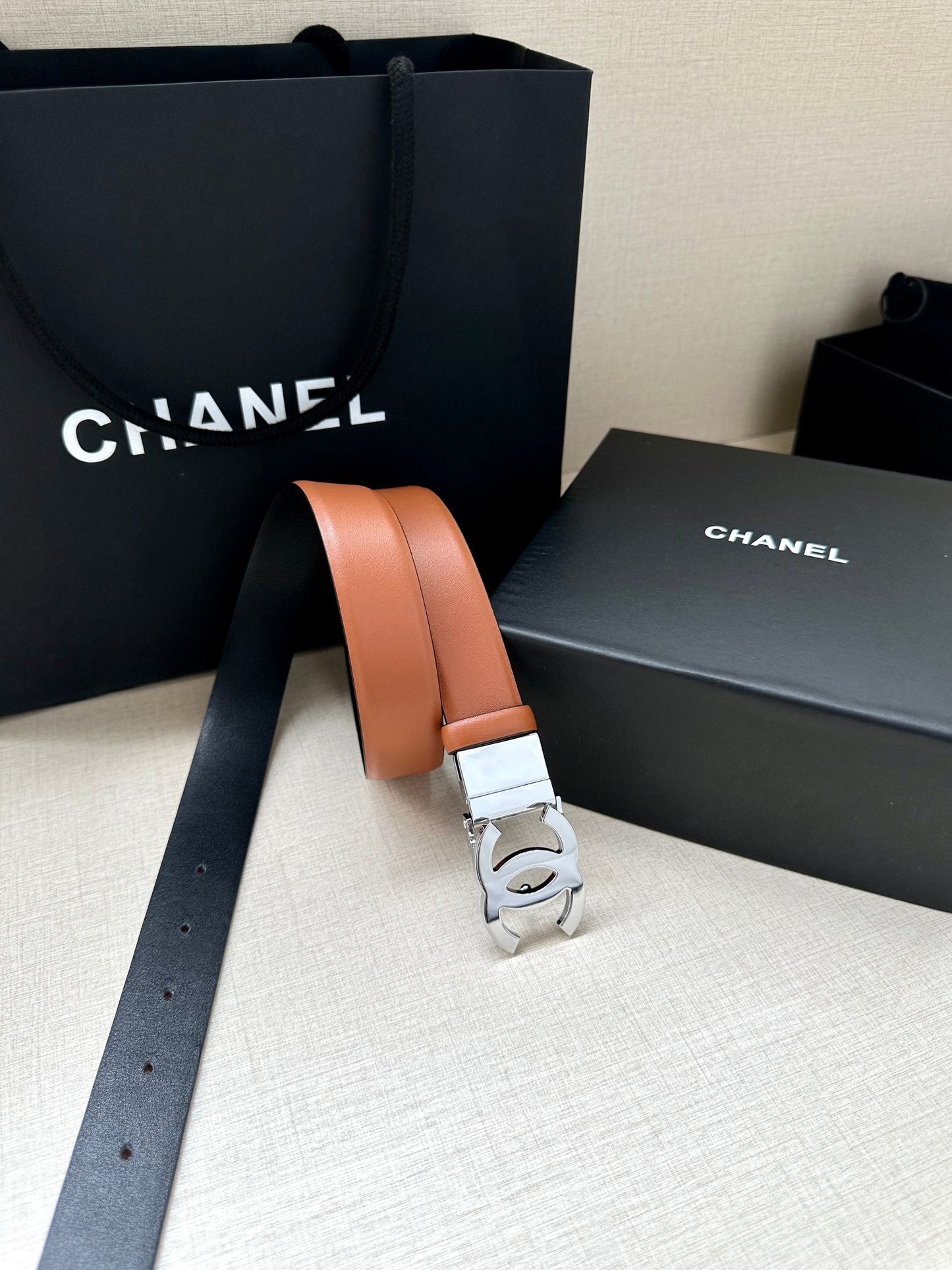 CC 30MM BELT IN BRONZE BROWN AND BLACK CALFSKIN WITH SILVER HARDWARE - 30