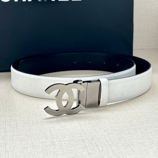 CC 30MM BELT IN WHITE AND BLACK CALFSKIN WITH SILVER HARDWARE - 30