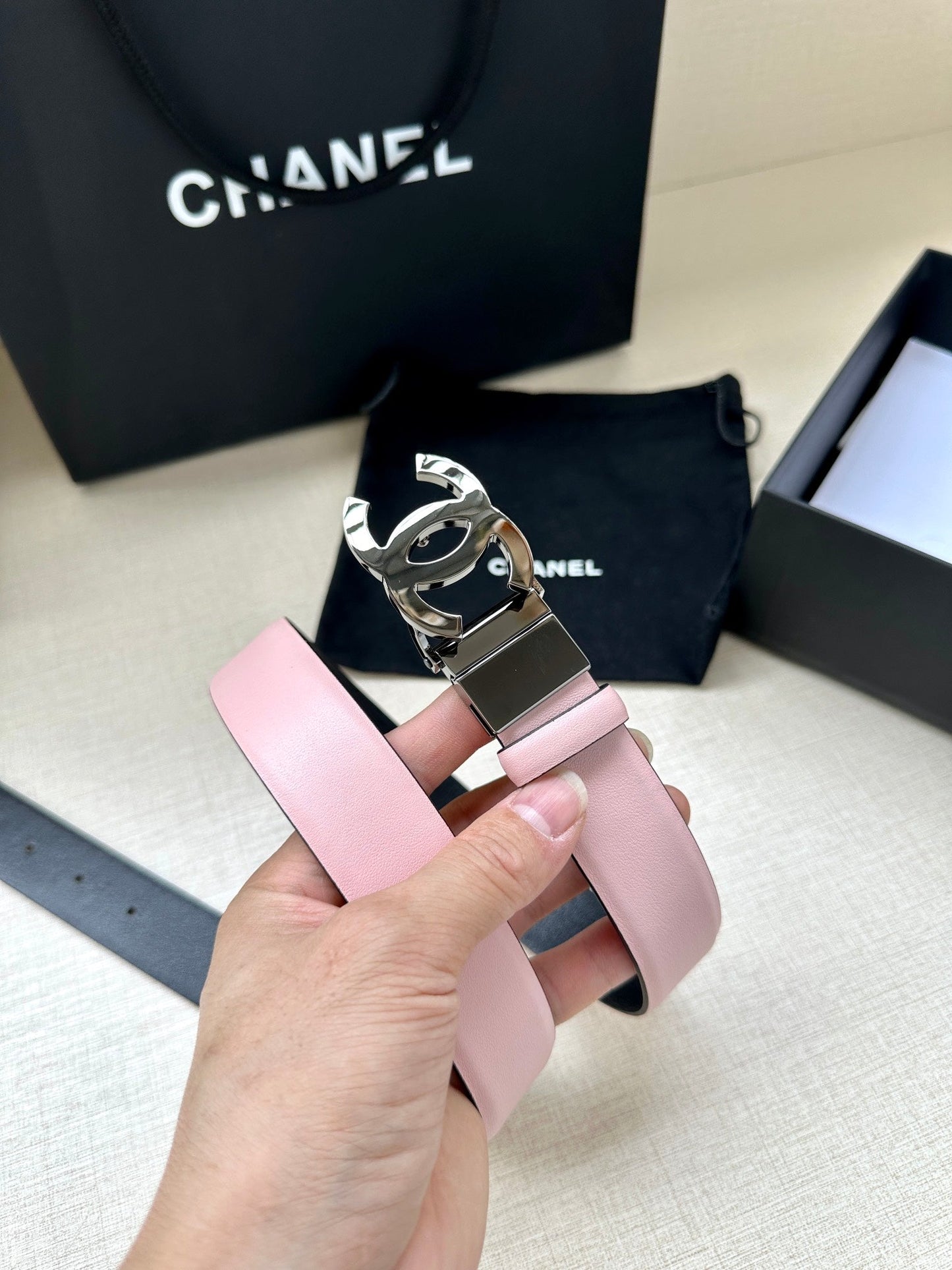 CC 30MM BELT IN LIGHT PINK AND BLACK CALFSKIN WITH SILVER HARDWARE - 30