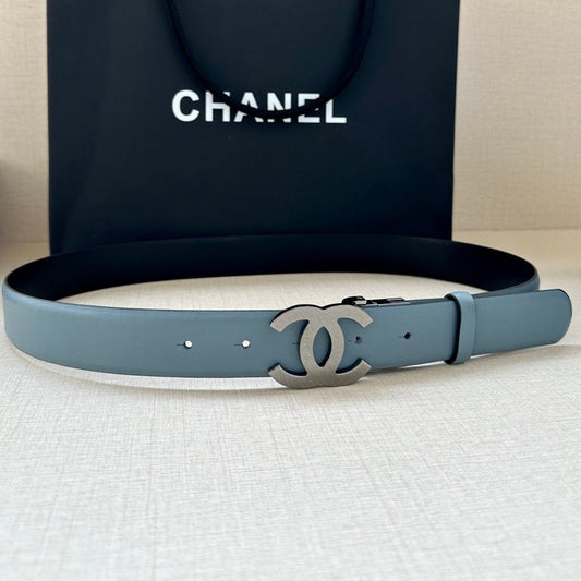 CC 30MM BELT IN STONE BLUE AND BLACK CALFSKIN WITH SILVER HARDWARE - 30