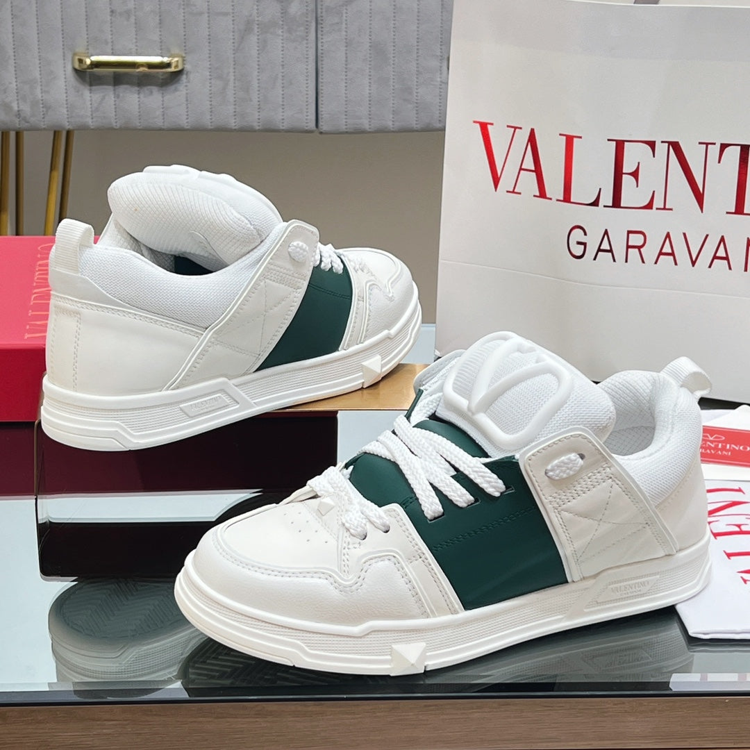VALENTINO 25S GARAVANI OPEN SKATE SNEAKERS IN WHITE MIX DARK GREEN LAMBSKIN STYLE 12 - 35