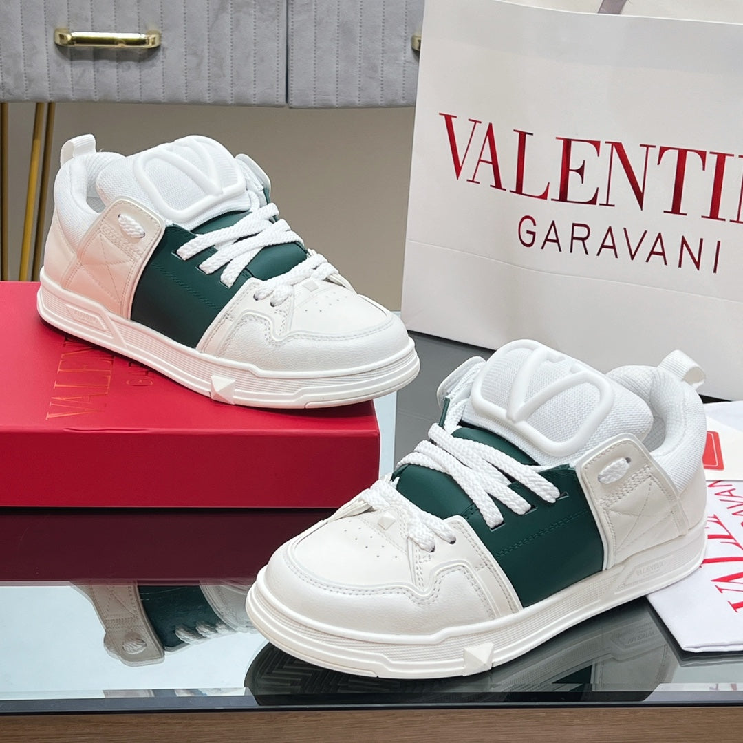 VALENTINO 25S GARAVANI OPEN SKATE SNEAKERS IN WHITE MIX DARK GREEN LAMBSKIN STYLE 12 - 35