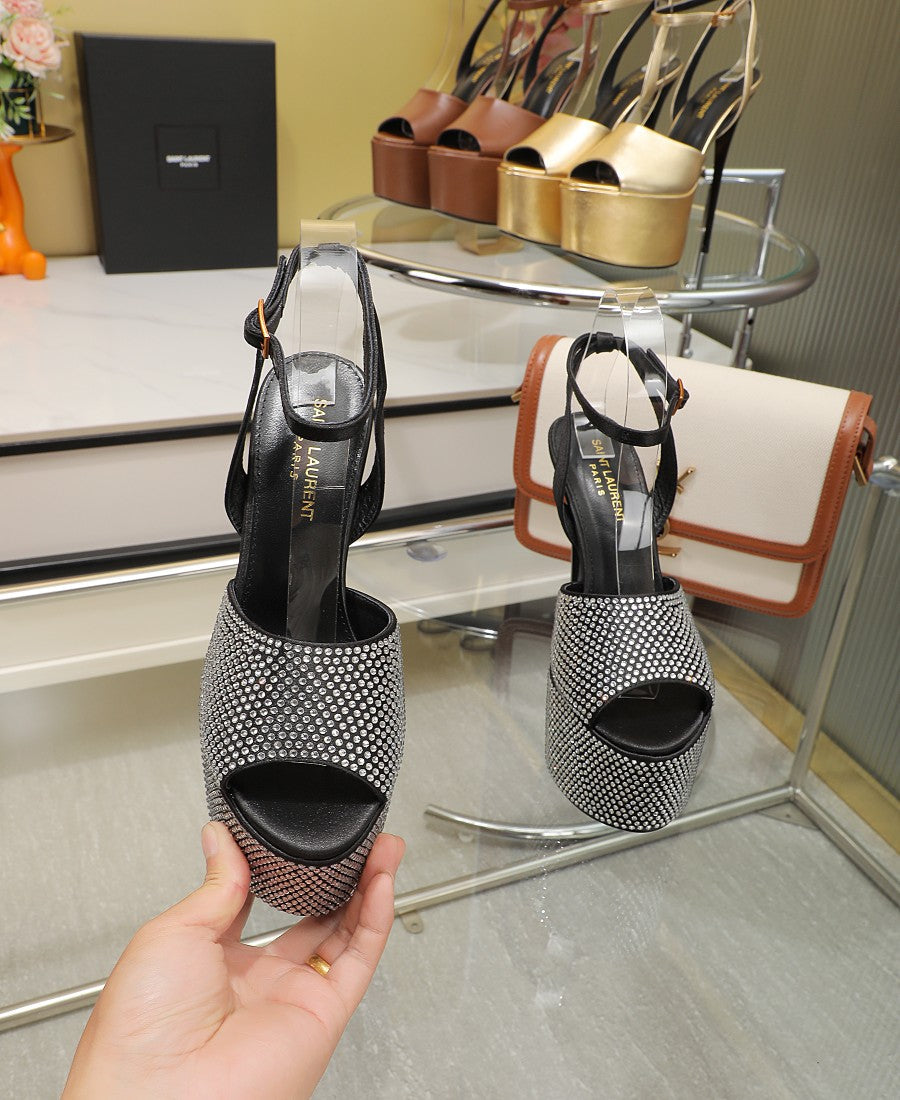 SL SUPER HIGH HEELS SANDAL BLACK SATIN-WHITE CRYSTAL - 34
