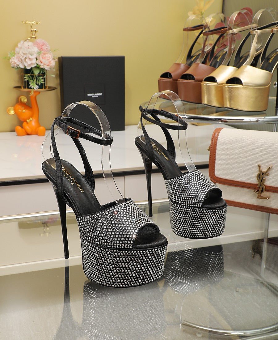 SL SUPER HIGH HEELS SANDAL BLACK SATIN-WHITE CRYSTAL - 34