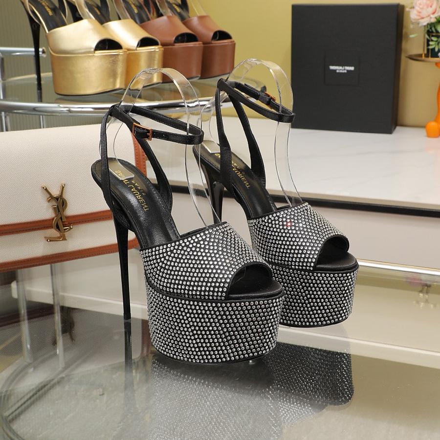SL SUPER HIGH HEELS SANDAL BLACK SATIN-WHITE CRYSTAL - 34