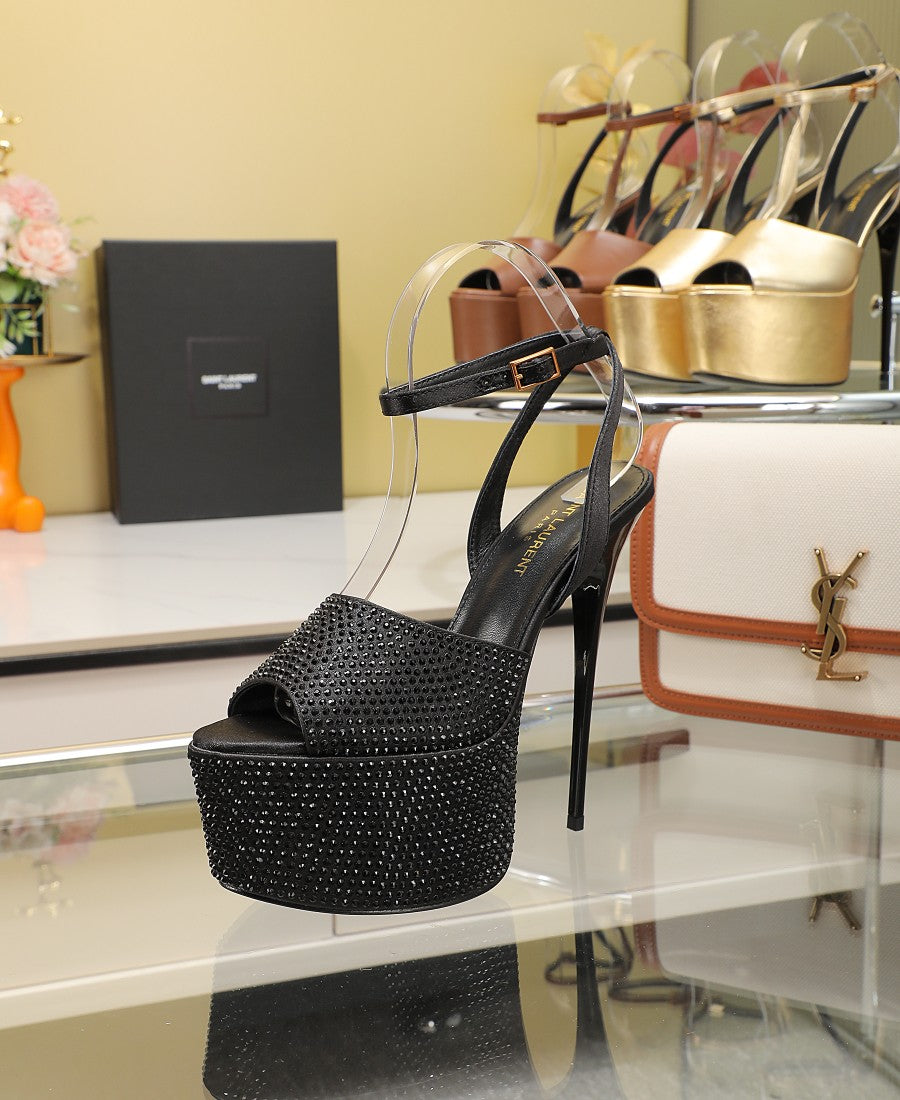 SL SUPER HIGH HEELS SANDAL BLACK SATIN-BLACK CRYSTAL - 34