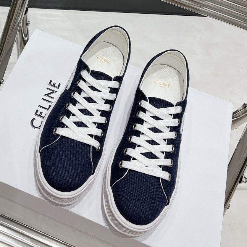 JANE SNEAKERS LOW LACE-UP WITH TRIOMPHE PATCH IN CANVAS AND CALFSKIN NAVY/WHITE LOGO - 35