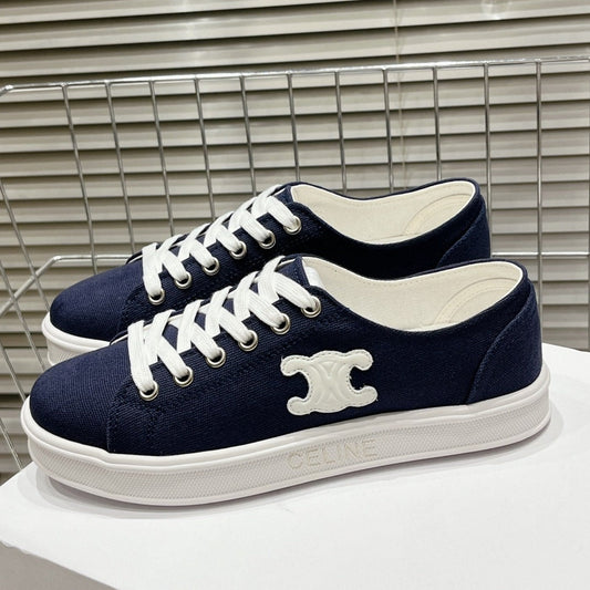 JANE SNEAKERS LOW LACE-UP WITH TRIOMPHE PATCH IN CANVAS AND CALFSKIN NAVY/WHITE LOGO - 35