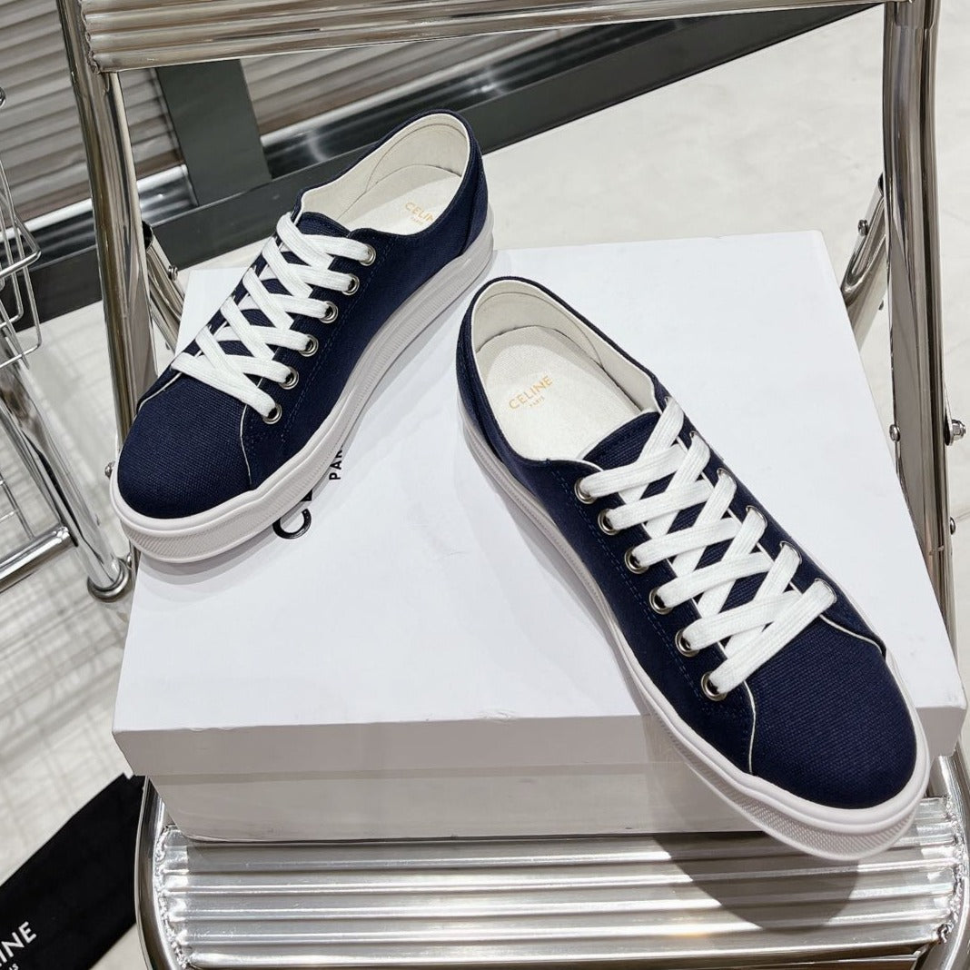 JANE SNEAKERS LOW LACE-UP WITH TRIOMPHE PATCH IN CANVAS AND CALFSKIN NAVY/WHITE LOGO - 35