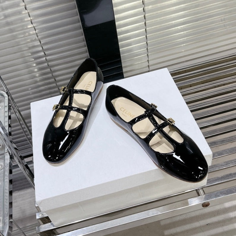 FLAT SANDALS WITH DOUBLE STRAP-DESIGN LEATHER BLACK - 35
