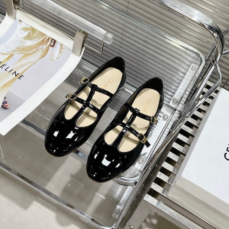 FLAT SANDALS WITH DOUBLE STRAP-DESIGN LEATHER BLACK - 35