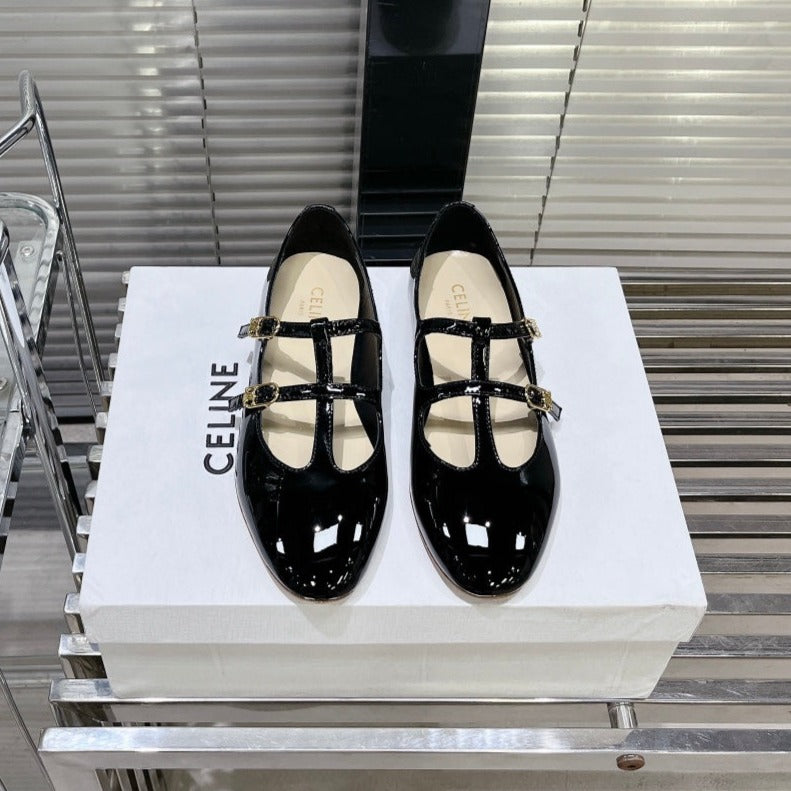 FLAT SANDALS WITH DOUBLE STRAP-DESIGN LEATHER BLACK - 35