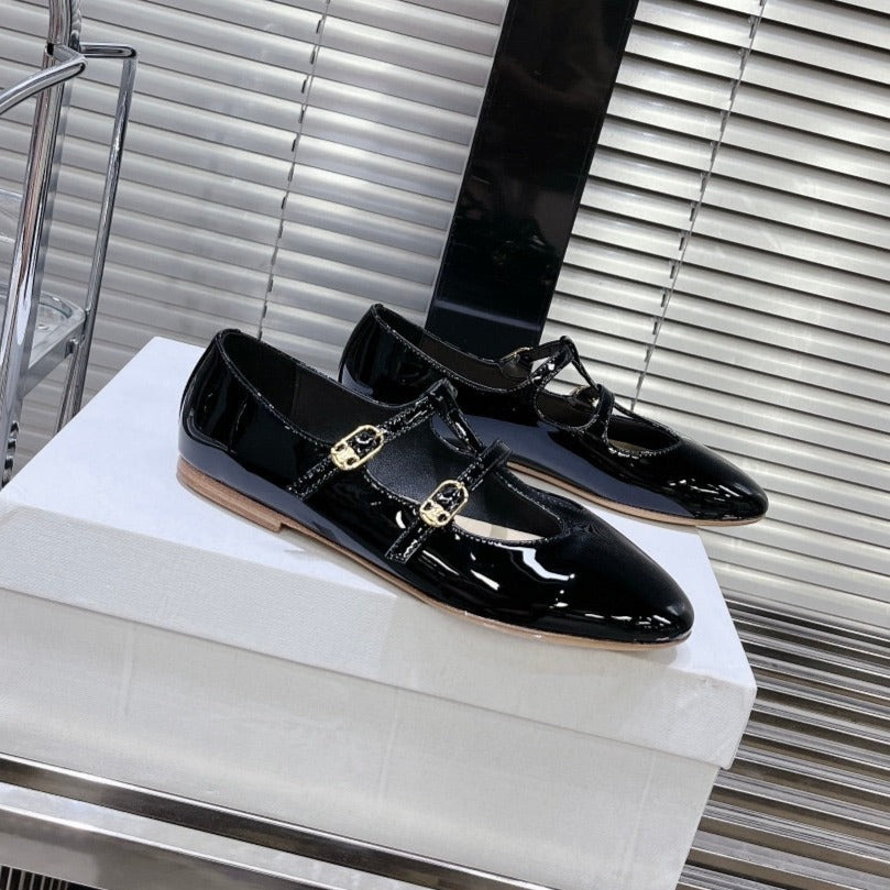 FLAT SANDALS WITH DOUBLE STRAP-DESIGN LEATHER BLACK - 35