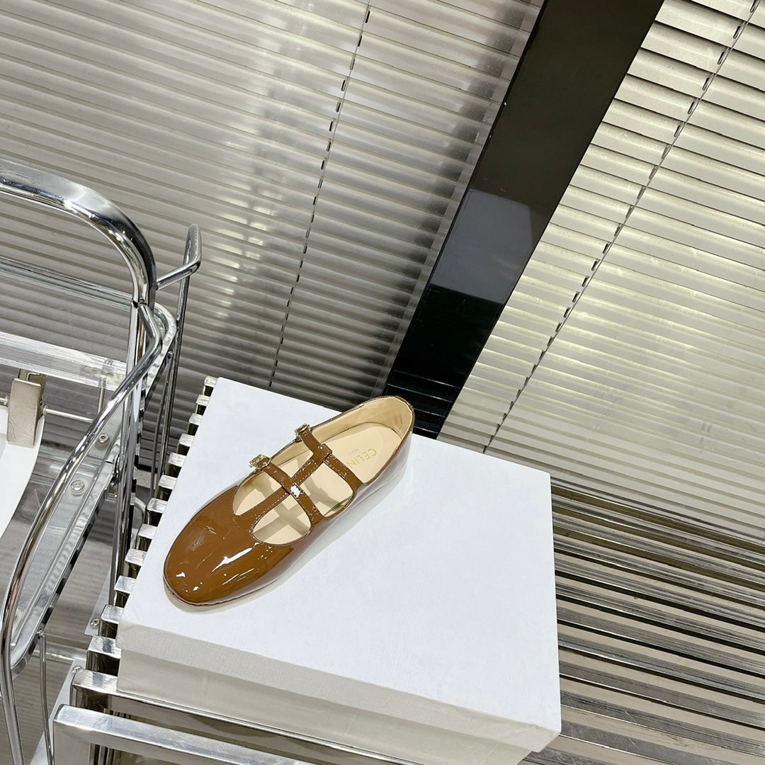 FLAT SANDALS WITH DOUBLE STRAP-DESIGN LEATHER CARAMEL BROWN - 35