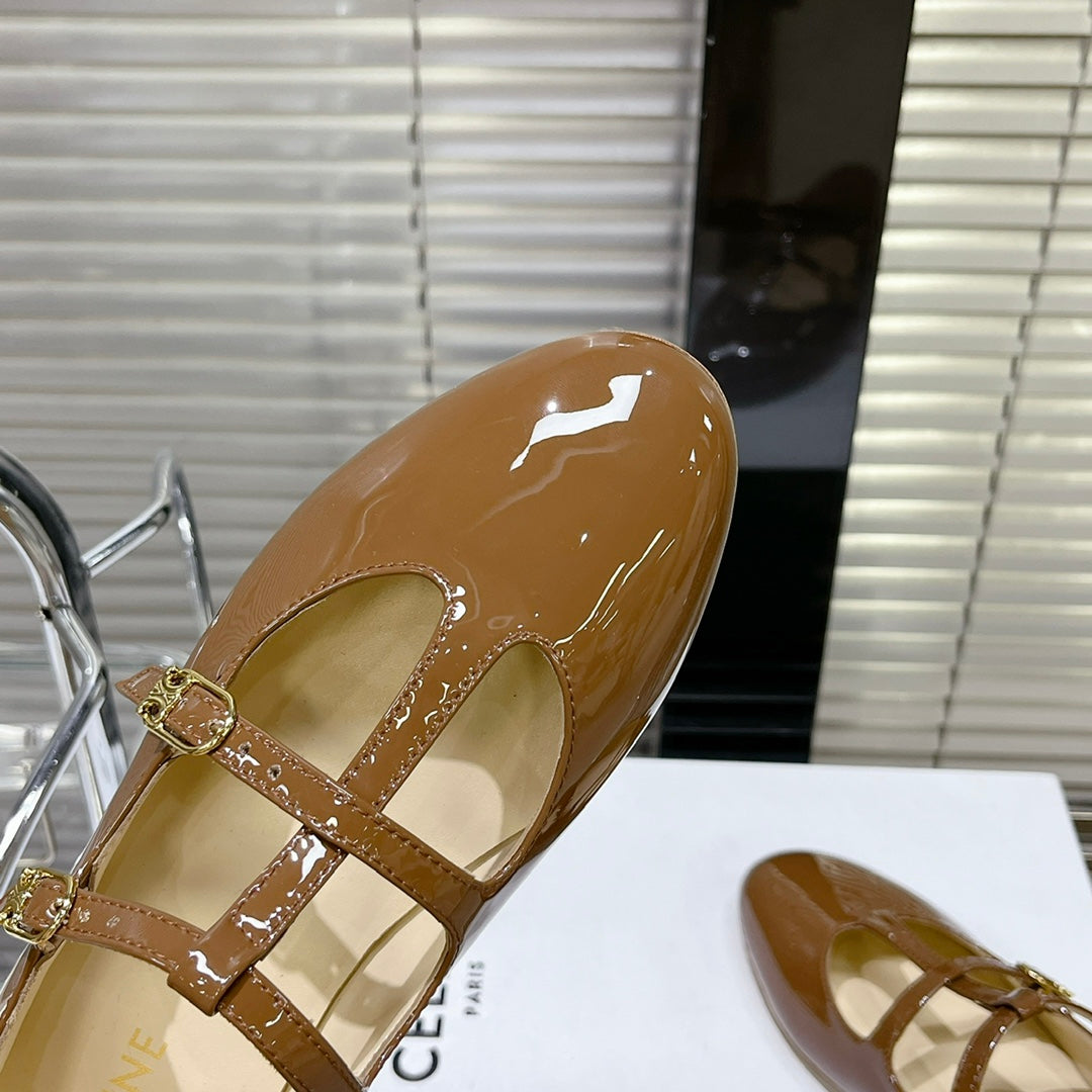 FLAT SANDALS WITH DOUBLE STRAP-DESIGN LEATHER CARAMEL BROWN - 35