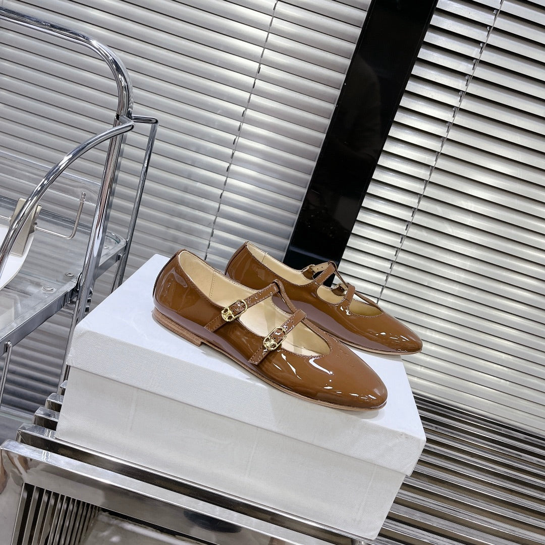FLAT SANDALS WITH DOUBLE STRAP-DESIGN LEATHER CARAMEL BROWN - 35