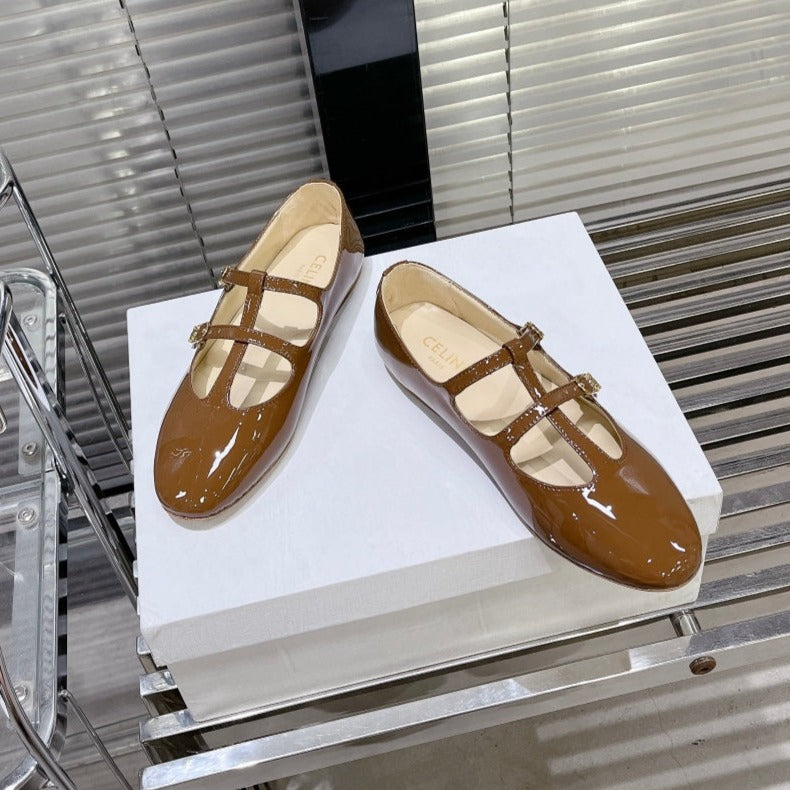 FLAT SANDALS WITH DOUBLE STRAP-DESIGN LEATHER CARAMEL BROWN - 35