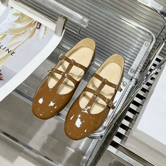 FLAT SANDALS WITH DOUBLE STRAP-DESIGN LEATHER CARAMEL BROWN - 35